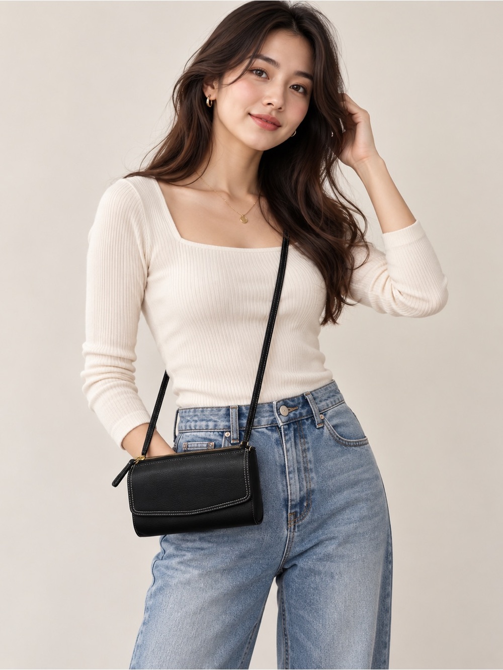 Valerie Stevens Black Genuine Leather Crossbody Wallet Bag